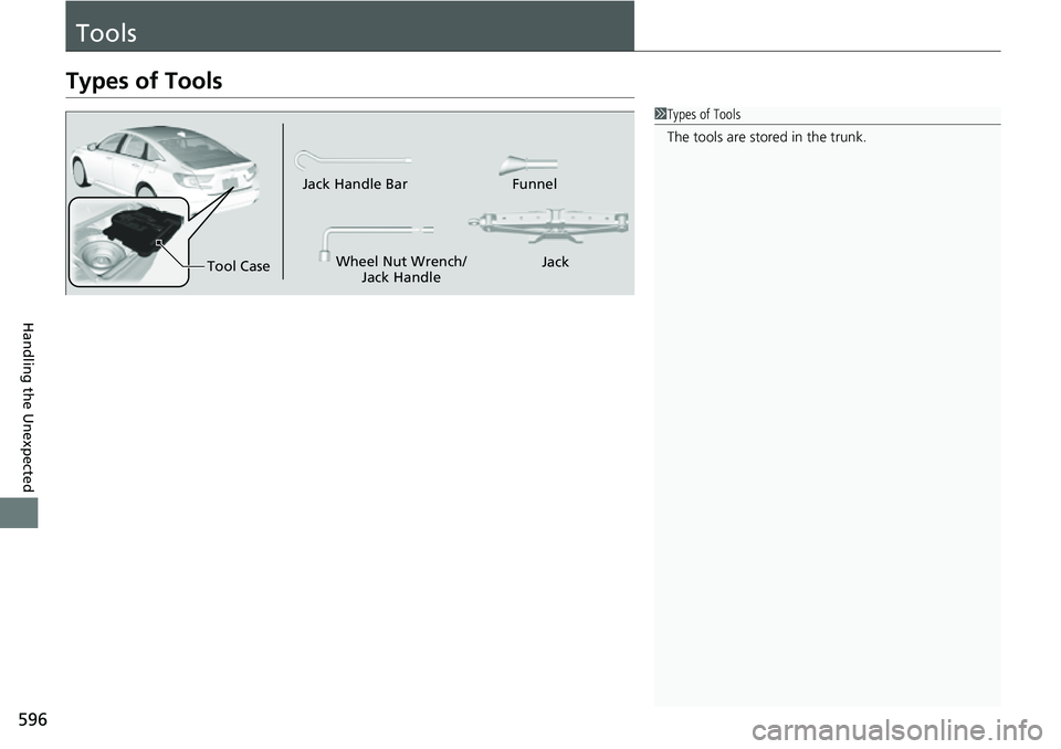 HONDA ACCORD 2022 Owners Manual 596
Handling the Unexpected
Tools
Types of Tools
1Types of Tools
The tools are stored in the trunk.
Wheel Nut Wrench/
Jack Handle Funnel
Jack Handle Bar
Tool Case Jack HONDA ACCORD 2022 Owners Manual 596
Handling the Unexpected
Tools
Types of Tools
1Types of Tools
The tools are stored in the trunk.
Wheel Nut Wrench/
Jack Handle Funnel
Jack Handle Bar
Tool Case Jack