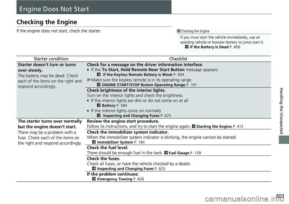 HONDA ACCORD 2022 Workshop Manual 603
Handling the Unexpected
Engine Does Not Start
Checking the Engine
If the engine does not start, check the starter.
Starter conditionChecklist
Starter doesn’t turn or turns
over slowly.
The batt HONDA ACCORD 2022 Workshop Manual 603
Handling the Unexpected
Engine Does Not Start
Checking the Engine
If the engine does not start, check the starter.
Starter conditionChecklist
Starter doesn’t turn or turns
over slowly.
The batt
