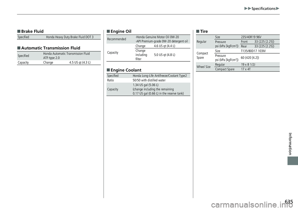 HONDA ACCORD 2022  Owners Manual 635
uuSpecifications u
Information
■
Brake Fluid
■ Automatic Tran smission Fluid
SpecifiedHonda Heavy Duty Brake Fluid DOT 3
SpecifiedHonda Automatic Transmission Fluid 
ATF-type 2.0
Capacity Chan