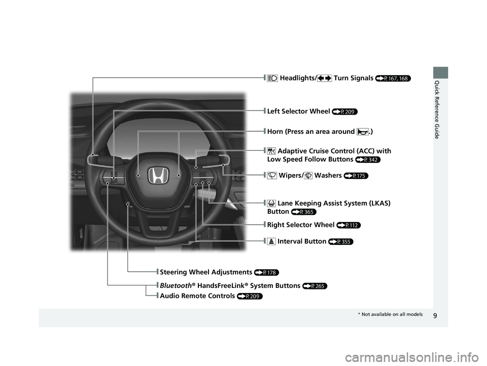 HONDA ACCORD 2023  Owners Manual 9
Quick Reference Guide❚ Headlights/  Turn Signals (P167, 168)
❚Left Selector Wheel (P209)
❚ Adaptive Cruise Control (ACC) with 
Low Speed Follow Buttons 
(P342)
❚ Wipers/  Washers (P175)
❚ 