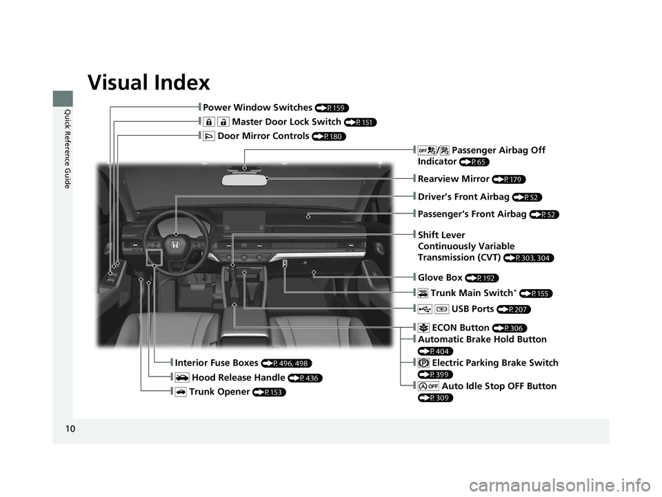 HONDA ACCORD 2023 User Guide Visual Index
10
Quick Reference Guide❚Power Window Switches (P159)
❚   Master Door Lock Switch (P151)
❚ Door Mirror Controls (P180)
❚ Trunk Opener (P153)
❚Interior Fuse Boxes (P496, 498)
❚