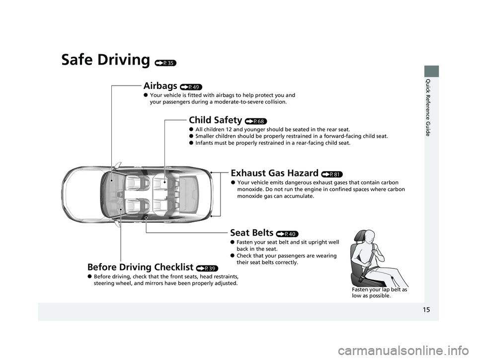 HONDA ACCORD 2023 Owners Manual 15
Quick Reference Guide
Safe Driving (P35)
Airbags (P49)
●Your vehicle is fitted with airbags to help protect you and
your passengers during a moderate-to-severe collision.
Child Safety (P68)
●A HONDA ACCORD 2023 Owners Manual 15
Quick Reference Guide
Safe Driving (P35)
Airbags (P49)
●Your vehicle is fitted with airbags to help protect you and
your passengers during a moderate-to-severe collision.
Child Safety (P68)
●A