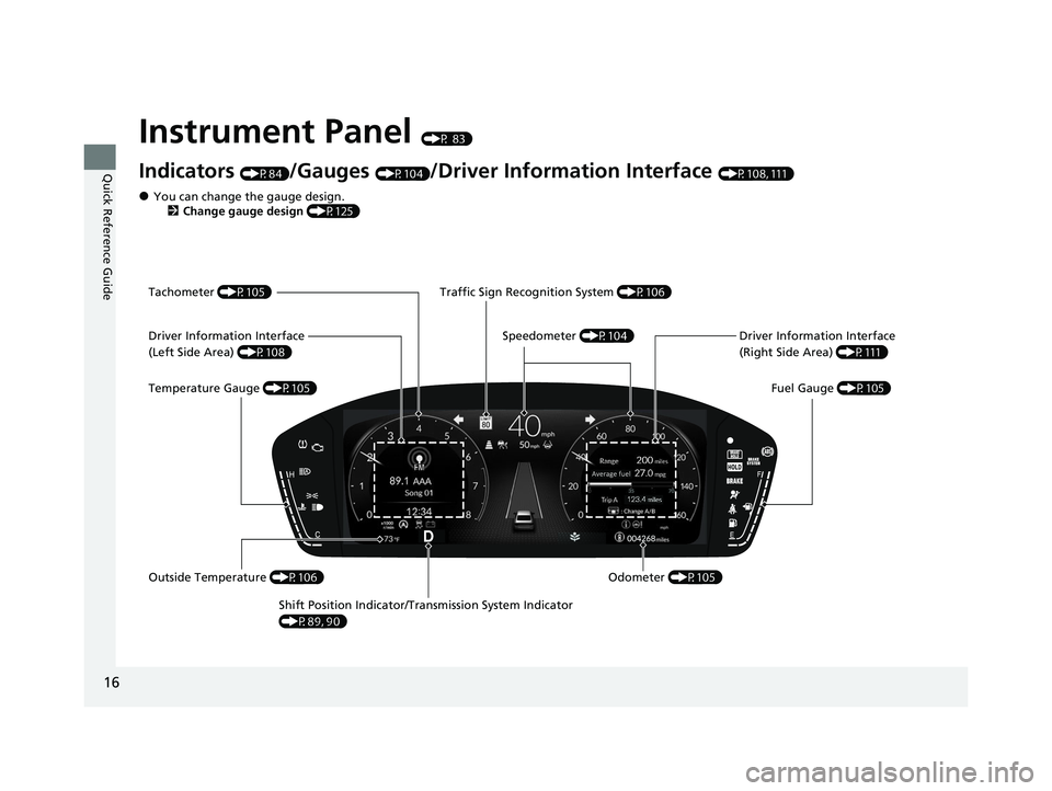 HONDA ACCORD 2023 User Guide 16
Quick Reference Guide
Instrument Panel (P 83)
Indicators (P84)/Gauges (P104)/Driver Information Interface (P108, 111)
Shift Position Indicator/Tr ansmission System Indicator 
(P89, 90) Fuel Gauge 
