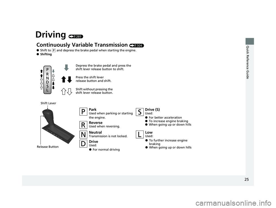 HONDA ACCORD 2023 Owners Manual 25
Quick Reference Guide
Driving (P289)
Continuously Variable Transmission (P304)
●Shift to (P and depress the brake pedal when starting the engine.●Shifting
ParkUsed when parking or starting
the HONDA ACCORD 2023 Owners Manual 25
Quick Reference Guide
Driving (P289)
Continuously Variable Transmission (P304)
●Shift to (P and depress the brake pedal when starting the engine.●Shifting
ParkUsed when parking or starting
the