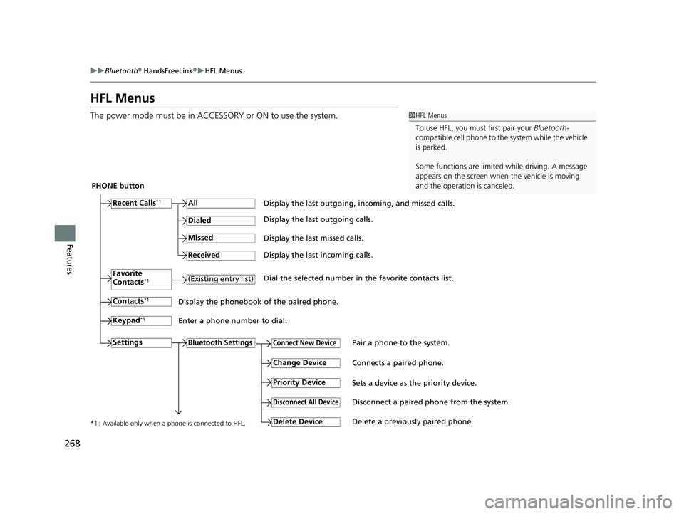HONDA ACCORD 2023 Owners Manual 268
uuBluetooth ® HandsFreeLink ®u HFL Menus
Features
HFL Menus
The power mode must be in ACCESSORY or ON to use the system.1HFL Menus
To use HFL, you must first pair your Bluetooth-
compatible cel HONDA ACCORD 2023 Owners Manual 268
uuBluetooth ® HandsFreeLink ®u HFL Menus
Features
HFL Menus
The power mode must be in ACCESSORY or ON to use the system.1HFL Menus
To use HFL, you must first pair your Bluetooth-
compatible cel
