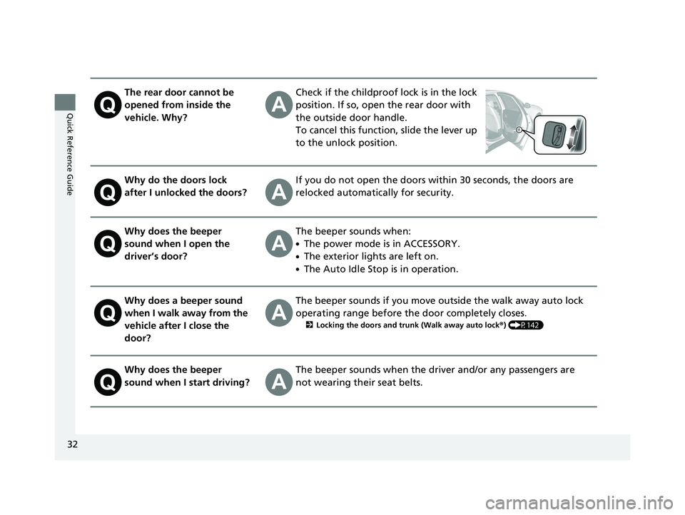 HONDA ACCORD 2023  Owners Manual 32
Quick Reference Guide
The rear door cannot be 
opened from inside the 
vehicle. Why?Check if the childproof lock is in the lock 
position. If so, open the rear door with 
the outside door handle.
T
