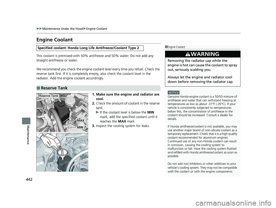 HONDA ACCORD 2023 Owners Manual 442
uuMaintenance Under the Hood uEngine Coolant
Maintenance
Engine Coolant
This coolant is premixed with 50% antifreeze and 50% water. Do not add any
straight antifreeze or water.
We recommend you c HONDA ACCORD 2023 Owners Manual 442
uuMaintenance Under the Hood uEngine Coolant
Maintenance
Engine Coolant
This coolant is premixed with 50% antifreeze and 50% water. Do not add any
straight antifreeze or water.
We recommend you c