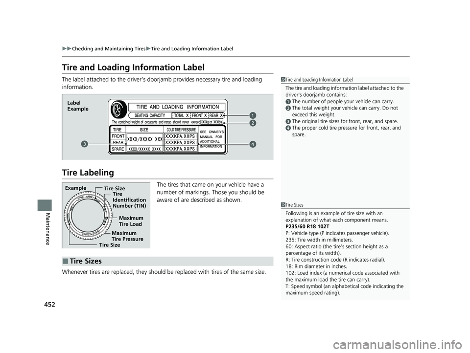 HONDA ACCORD 2023  Owners Manual 452
uuChecking and Maintaining Tires uTire and Loading Information Label
Maintenance
Tire and Loading Information Label
The label attached to the driver’s doorj amb provides necessary tire and loadi
