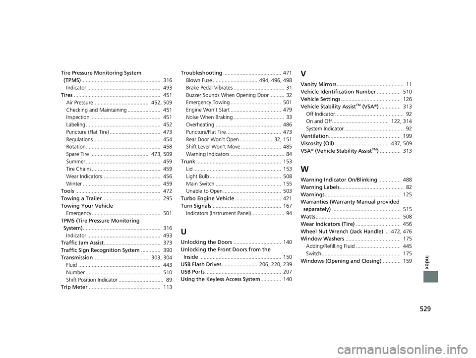 HONDA ACCORD 2023 Service Manual 529
Index
Tire Pressure Monitoring System (TPMS) ..................................................... 316
Indicator ................................................. 493
Tires ..................... HONDA ACCORD 2023 Service Manual 529
Index
Tire Pressure Monitoring System (TPMS) ..................................................... 316
Indicator ................................................. 493
Tires .....................