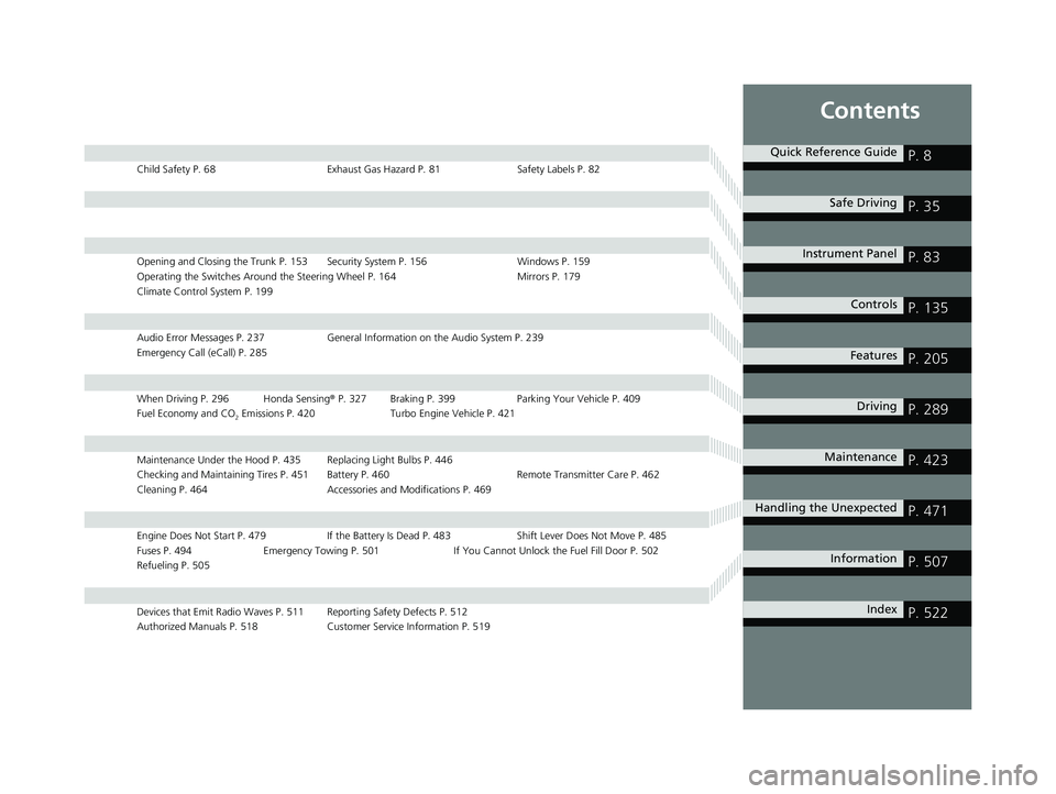 HONDA ACCORD 2023  Owners Manual Contents
Child Safety P. 68Exhaust Gas Hazard P. 81Safety Labels P. 82
Opening and Closing the Trunk P. 153 Security System P. 156 Windows P. 159
Operating the Switches Around the Steering Wheel P. 16