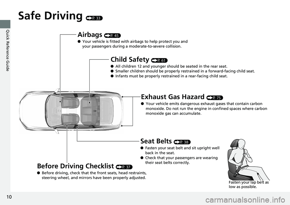 HONDA ACCORD HYBRID 2019 User Guide 10
Quick Reference Guide Safe Driving (P 33)
Airbags (P 45)
● Your vehicle is fitted with ai rbags to help protect you and
your passengers during a moderate-to-severe collision.
Child Safety (P HONDA ACCORD HYBRID 2019 User Guide 10
Quick Reference Guide Safe Driving (P 33)
Airbags (P 45)
● Your vehicle is fitted with ai rbags to help protect you and
your passengers during a moderate-to-severe collision.
Child Safety (P