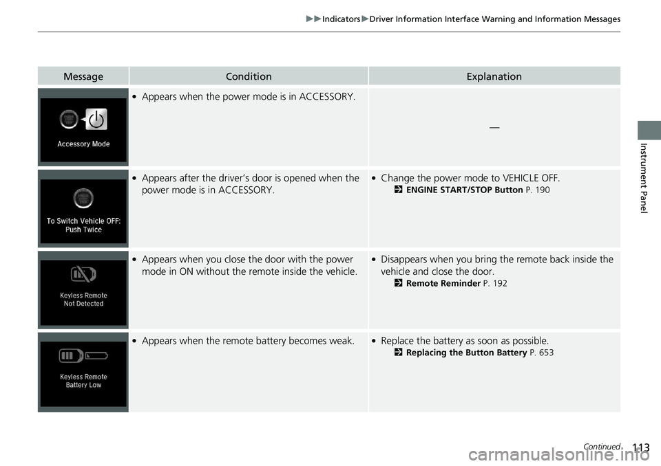 HONDA ACCORD HYBRID 2019  Owners Manual 113uu Indicators u Driver Information Interface Wa rning and Information Messages
Continued
Instrument Panel
Message Condition Explanation●
Appears when the power mode is in ACCESSORY.
—●
Appear