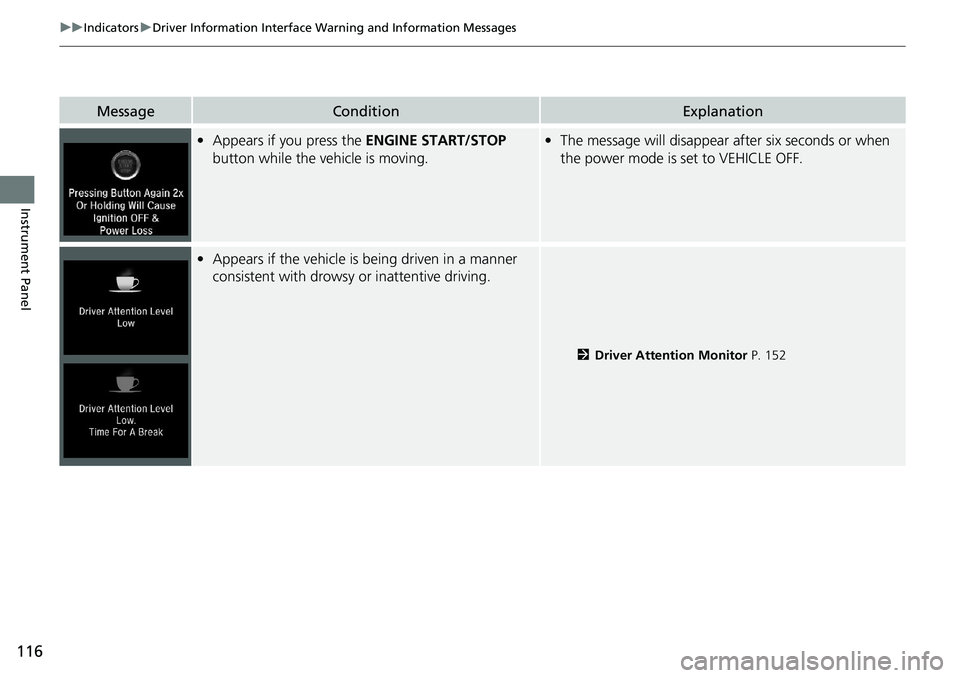 HONDA ACCORD HYBRID 2019  Owners Manual 116 uu Indicators u Driver Information Interface Wa rning and Information Messages
Instrument Panel Message Condition Explanation
• Appears if you press the  ENGINE START/STOP  
button while the veh