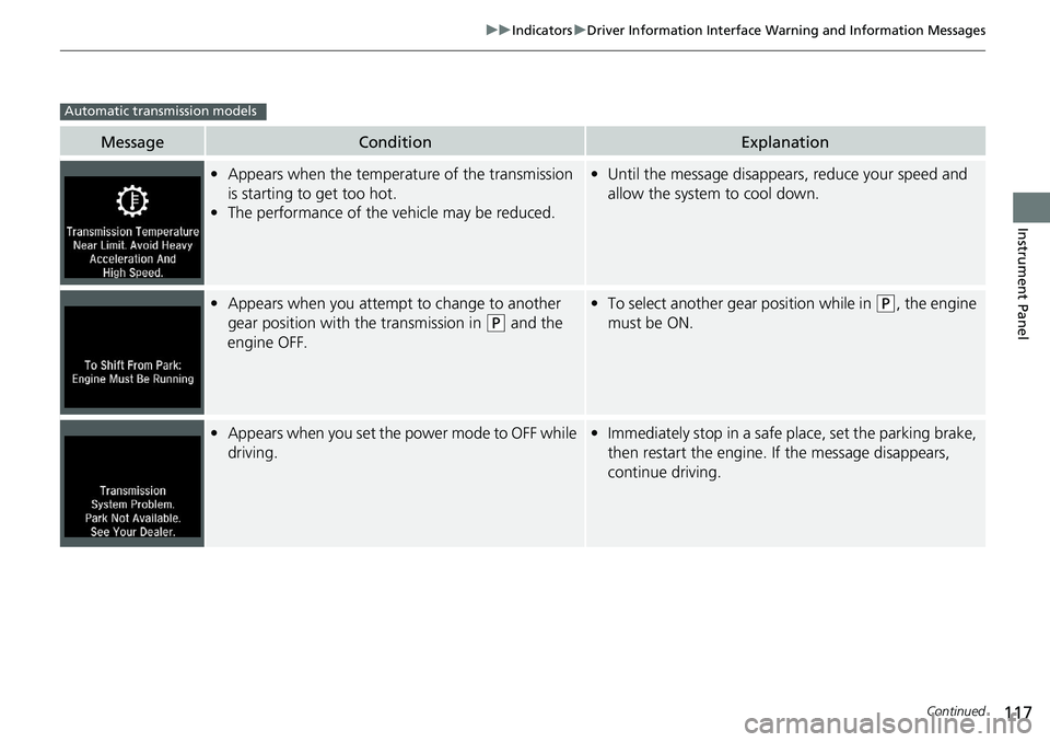 HONDA ACCORD HYBRID 2019  Owners Manual 117uu Indicators u Driver Information Interface Wa rning and Information Messages
Continued
Instrument Panel
Message Condition Explanation
• Appears when the temperature of the transmission 
is star