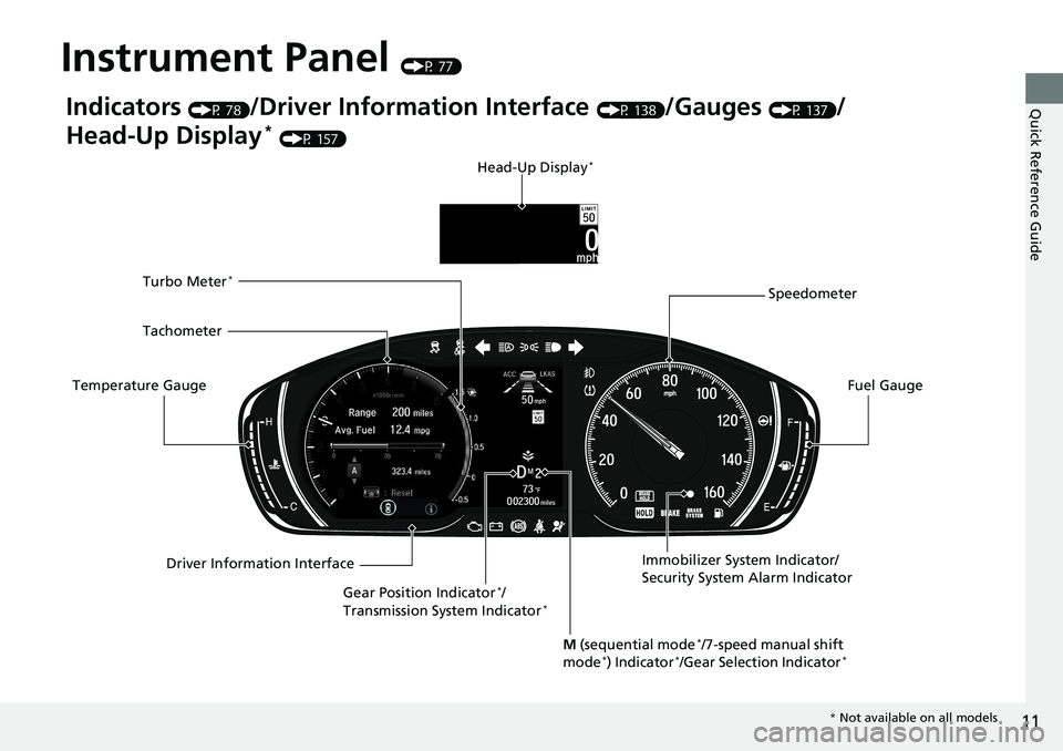 HONDA ACCORD HYBRID 2019 User Guide 11
Quick Reference Guide
Instrument Panel (P 77)
Indicators (P 78)
/Driver Information Interface (P 138)
/Gauges (P 137)
/
Head-Up Display *
(P 157)
Speedometer
Fuel Gauge
Driver Information Int HONDA ACCORD HYBRID 2019 User Guide 11
Quick Reference Guide
Instrument Panel (P 77)
Indicators (P 78)
/Driver Information Interface (P 138)
/Gauges (P 137)
/
Head-Up Display *
(P 157)
Speedometer
Fuel Gauge
Driver Information Int