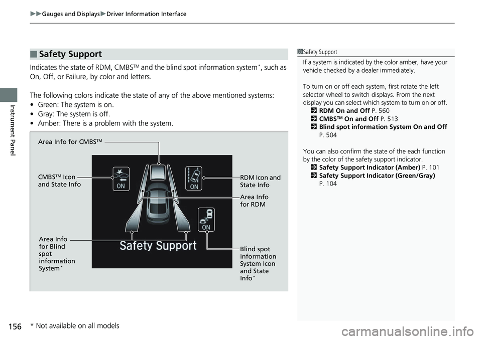 HONDA ACCORD HYBRID 2019 Owners Manual uu Gauges and Displays u Driver Information Interface
156
Instrument Panel Indicates the state of RDM, CMBS TM
and the blind spot information system *
, such as
On, Off, or Failure, by color and let HONDA ACCORD HYBRID 2019 Owners Manual uu Gauges and Displays u Driver Information Interface
156
Instrument Panel Indicates the state of RDM, CMBS TM
and the blind spot information system *
, such as
On, Off, or Failure, by color and let