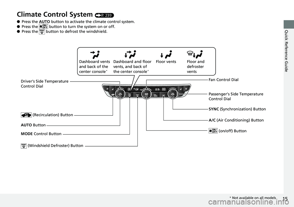 HONDA ACCORD HYBRID 2019 User Guide 15
Quick Reference Guide
Climate Control System (P 239)
● Press the AUTO button to activate th e climate control system.
● Press the button to tu rn the system on or off.
● Press the butt HONDA ACCORD HYBRID 2019 User Guide 15
Quick Reference Guide
Climate Control System (P 239)
● Press the AUTO button to activate th e climate control system.
● Press the button to tu rn the system on or off.
● Press the butt