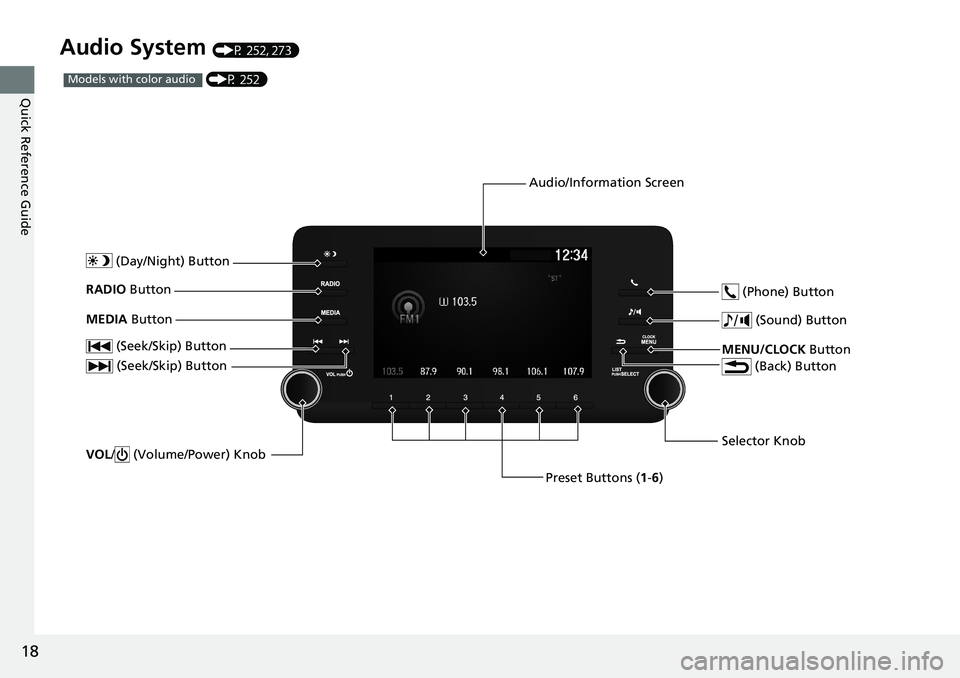 HONDA ACCORD HYBRID 2019 User Guide 18
Quick Reference Guide Audio System (P 252, 273)
(P 252)Models with color audio
(Seek/Skip) Button
Selector Knob (Day/Night) Button
VOL / (Volume/Power) KnobRADIO Button
(Sound) Button
Preset HONDA ACCORD HYBRID 2019 User Guide 18
Quick Reference Guide Audio System (P 252, 273)
(P 252)Models with color audio
(Seek/Skip) Button
Selector Knob (Day/Night) Button
VOL / (Volume/Power) KnobRADIO Button
(Sound) Button
Preset