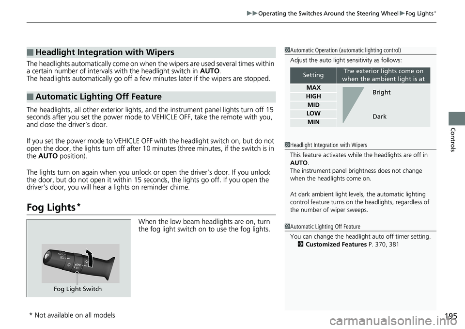 HONDA ACCORD HYBRID 2019 Owners Manual 195uu Operating the Switches Around the Steering Wheel u Fog Lights *
Controls
The headlights automatically come on when the wipers are used several times within
a certain number of intervals with t HONDA ACCORD HYBRID 2019 Owners Manual 195uu Operating the Switches Around the Steering Wheel u Fog Lights *
Controls
The headlights automatically come on when the wipers are used several times within
a certain number of intervals with t