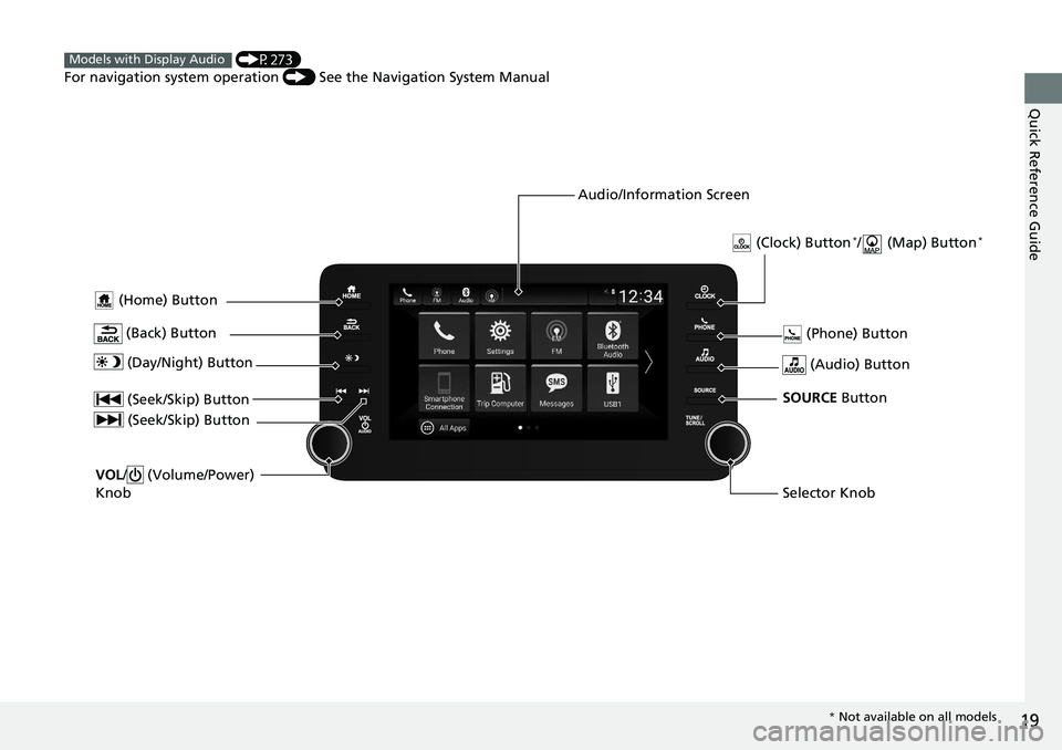 HONDA ACCORD HYBRID 2019 Owners Manual 19
Quick Reference Guide
(Home) Button
(Audio) Button (Back) Button Audio/Information Screen (P273)
For navigation system operation () See the Navigation System ManualModels with Display Audio
( HONDA ACCORD HYBRID 2019 Owners Manual 19
Quick Reference Guide
(Home) Button
(Audio) Button (Back) Button Audio/Information Screen (P273)
For navigation system operation () See the Navigation System ManualModels with Display Audio
(