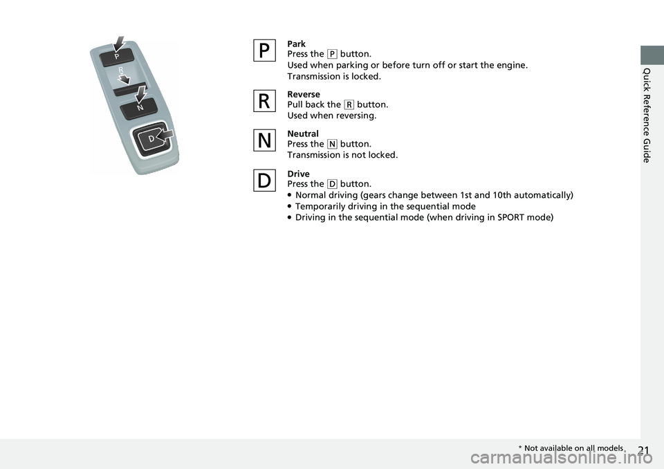 HONDA ACCORD HYBRID 2019 Owners Manual 21
Quick Reference Guide
Park
Press the ( P
button.
Used when parking or before turn off or start the engine.
Transmission is locked.
Reverse
Pull back the ( R
button.
Used when reversing.
Neutra HONDA ACCORD HYBRID 2019 Owners Manual 21
Quick Reference Guide
Park
Press the ( P
button.
Used when parking or before turn off or start the engine.
Transmission is locked.
Reverse
Pull back the ( R
button.
Used when reversing.
Neutra