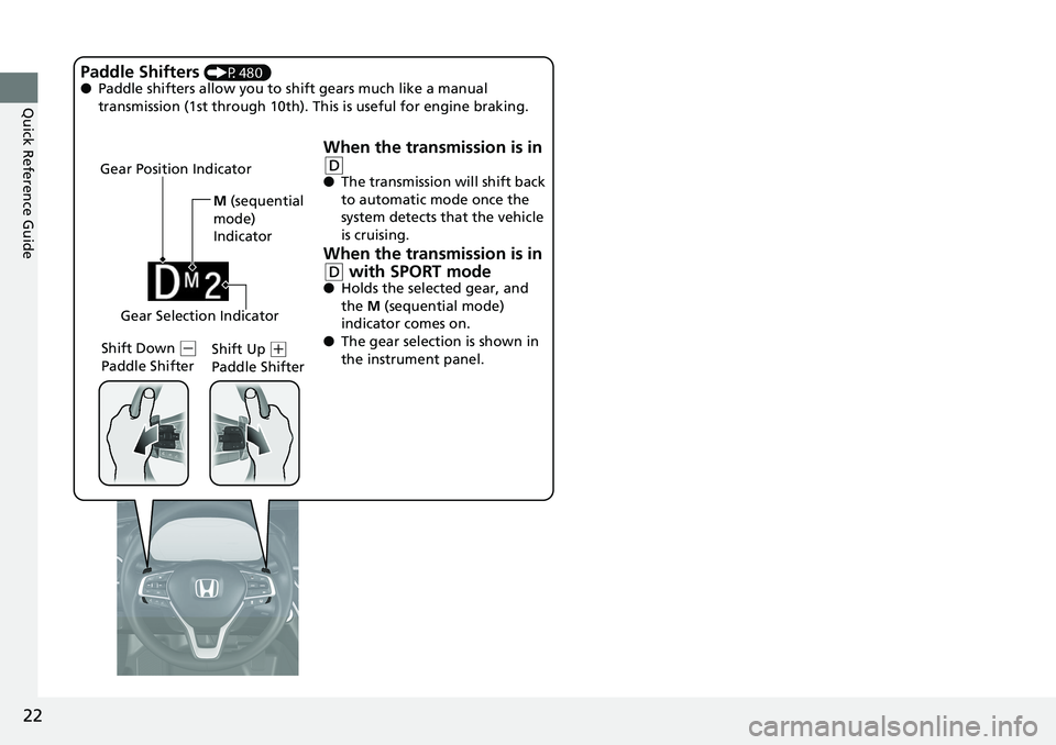 HONDA ACCORD HYBRID 2019 Owners Manual 22
Quick Reference Guide M (sequential
mode)
IndicatorGear Position Indicator
Shift Down ( -
Paddle Shifter Shift Up ( +
Paddle ShifterPaddle Shifters (P480)
● Paddle shifters allow you to HONDA ACCORD HYBRID 2019 Owners Manual 22
Quick Reference Guide M (sequential
mode)
IndicatorGear Position Indicator
Shift Down ( -
Paddle Shifter Shift Up ( +
Paddle ShifterPaddle Shifters (P480)
● Paddle shifters allow you to