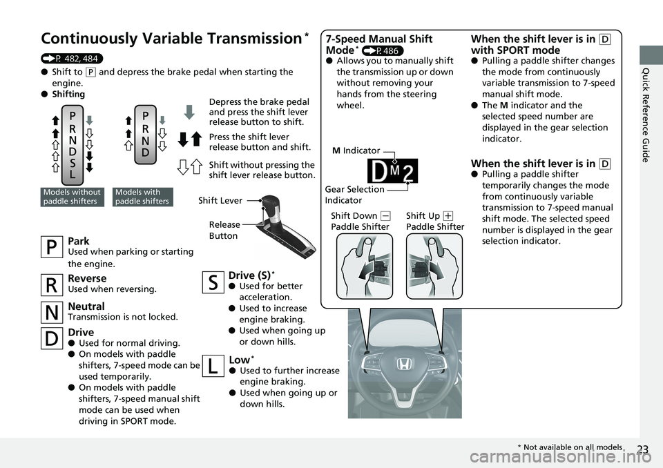 HONDA ACCORD HYBRID 2019 Owners Manual 23
Quick Reference Guide
M Indicator
Gear Selection
Indicator
Continuously Variable Transmission *
(P 482, 484)
● Shift to ( P
and depress the brake pedal when starting the
engine.
● Shiftin HONDA ACCORD HYBRID 2019 Owners Manual 23
Quick Reference Guide
M Indicator
Gear Selection
Indicator
Continuously Variable Transmission *
(P 482, 484)
● Shift to ( P
and depress the brake pedal when starting the
engine.
● Shiftin