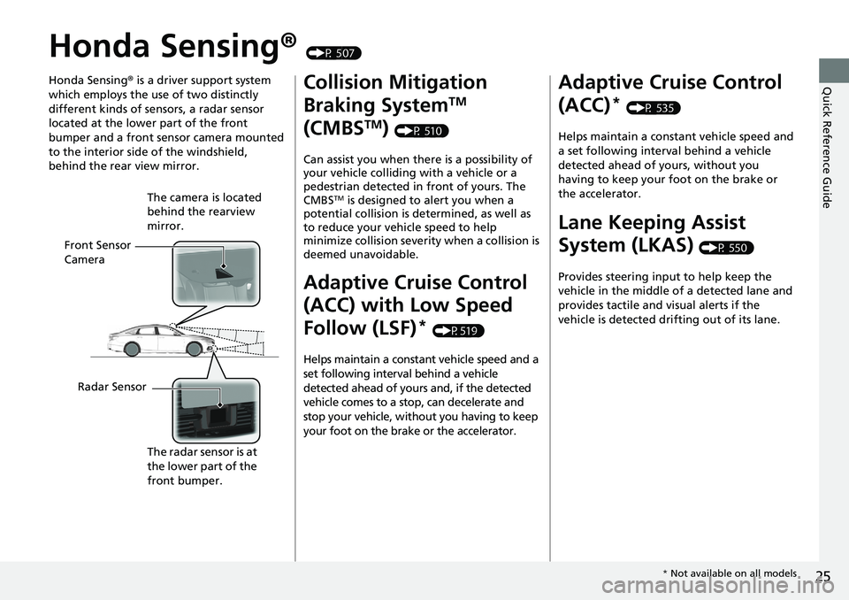 HONDA ACCORD HYBRID 2019 Owners Manual 25
Quick Reference Guide
Honda Sensing ® (P 507)
Honda Sensing ® is a driver support system
which employs the use of two distinctly
different kinds of sensors, a radar sensor
located at the lo HONDA ACCORD HYBRID 2019 Owners Manual 25
Quick Reference Guide
Honda Sensing ® (P 507)
Honda Sensing ® is a driver support system
which employs the use of two distinctly
different kinds of sensors, a radar sensor
located at the lo
