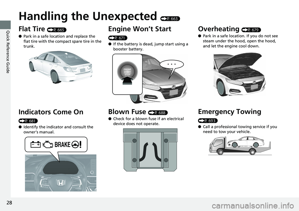 HONDA ACCORD HYBRID 2019 Owners Manual 28
Quick Reference Guide Handling the Unexpected (P 663)
Flat Tire (P 665)
● Park in a safe location and replace the
flat tire with the compact spare tire in the
trunk.
Indicators Come On (P 68 HONDA ACCORD HYBRID 2019 Owners Manual 28
Quick Reference Guide Handling the Unexpected (P 663)
Flat Tire (P 665)
● Park in a safe location and replace the
flat tire with the compact spare tire in the
trunk.
Indicators Come On (P 68