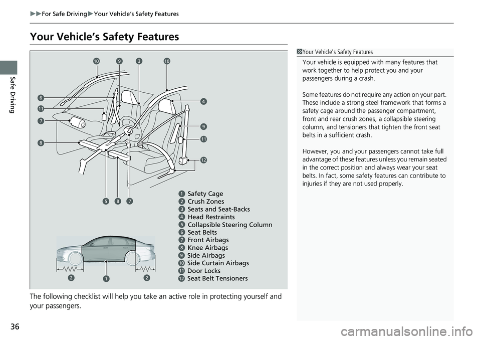 HONDA ACCORD HYBRID 2019 Owners Guide 36 uu For Safe Driving u Your Vehicle’s Safety Features
Safe Driving Your Vehicle’s Safety Features
The following checklist will he lp you take an active role in protecting yourself and
your pas HONDA ACCORD HYBRID 2019 Owners Guide 36 uu For Safe Driving u Your Vehicle’s Safety Features
Safe Driving Your Vehicle’s Safety Features
The following checklist will he lp you take an active role in protecting yourself and
your pas