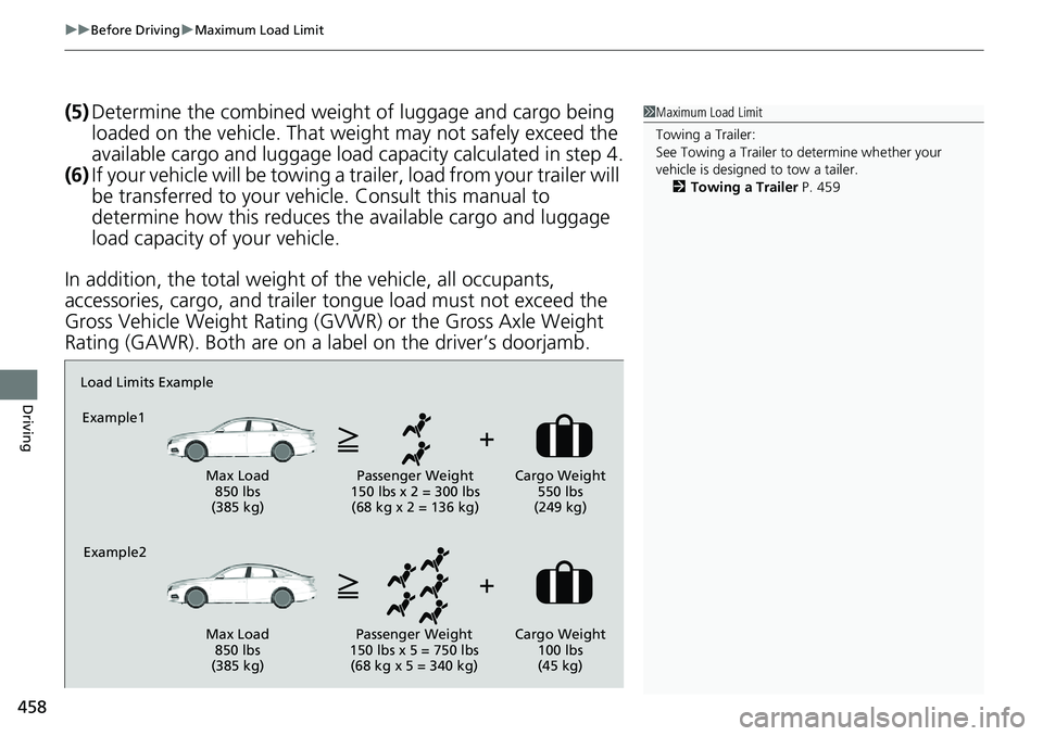 HONDA ACCORD HYBRID 2019 Owners Manual uu Before Driving u Maximum Load Limit
458
Driving (5) Determine the combined weight of luggage and cargo being
loaded on the vehicle. That we ight may not safely exceed the
available cargo and lug HONDA ACCORD HYBRID 2019 Owners Manual uu Before Driving u Maximum Load Limit
458
Driving (5) Determine the combined weight of luggage and cargo being
loaded on the vehicle. That we ight may not safely exceed the
available cargo and lug