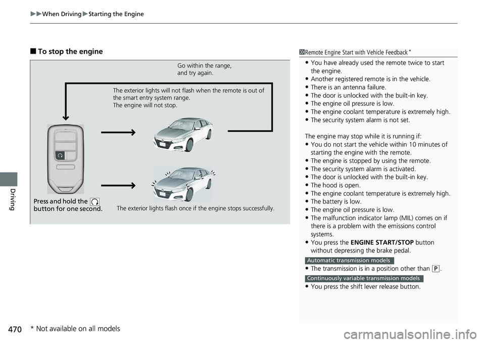 HONDA ACCORD HYBRID 2019  Owners Manual uu When Driving u Starting the Engine
470
Driving ■ To stop the engine 1 Remote Engine Start with Vehicle Feedback *
• You have already used the remote twice to start 
the engine.
• Another regi