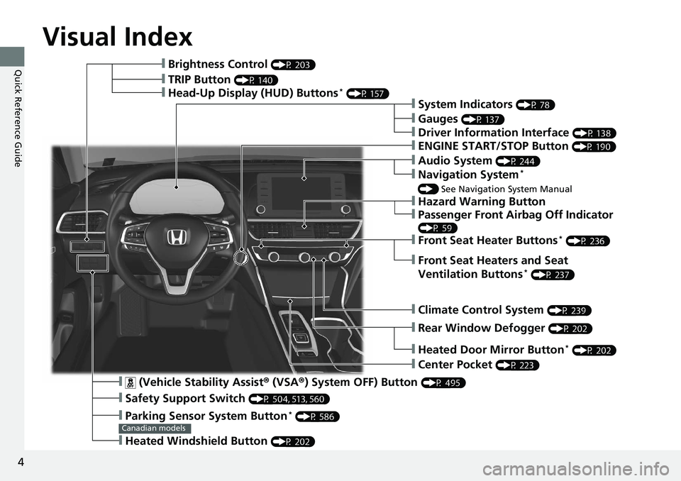 HONDA ACCORD HYBRID 2019  Owners Manual 4
Quick Reference Guide Quick Reference Guide
Visual Index
❙  (Vehicle Stability Assist ®  (VSA ® ) System OFF) Button  (P 495)
❙ Safety Support Switch  (P 504, 513, 560)
❙ Parking Sensor Syst