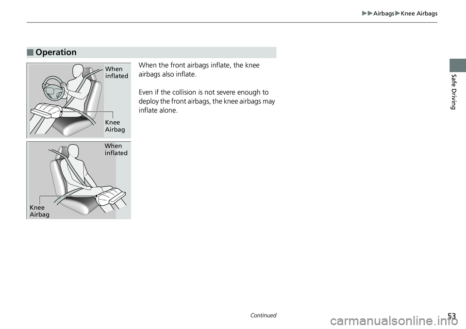 HONDA ACCORD HYBRID 2019 Workshop Manual 53 uu Airbags u Knee Airbags
Continued
Safe Driving
When the front airbags inflate, the knee
airbags also inflate.
Even if the collision is not severe enough to
deploy the front airbag s, the knee a HONDA ACCORD HYBRID 2019 Workshop Manual 53 uu Airbags u Knee Airbags
Continued
Safe Driving
When the front airbags inflate, the knee
airbags also inflate.
Even if the collision is not severe enough to
deploy the front airbag s, the knee a