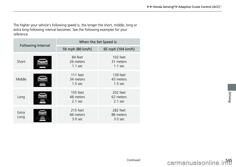 HONDA ACCORD HYBRID 2019 Owners Manual 545uu Honda Sensing ® u Adaptive Cruise Control (ACC) *
Continued
Driving
The higher your vehicle’s following speed is , the longer the short, middle, long or
extra long following inte rval become HONDA ACCORD HYBRID 2019 Owners Manual 545uu Honda Sensing ® u Adaptive Cruise Control (ACC) *
Continued
Driving
The higher your vehicle’s following speed is , the longer the short, middle, long or
extra long following inte rval become