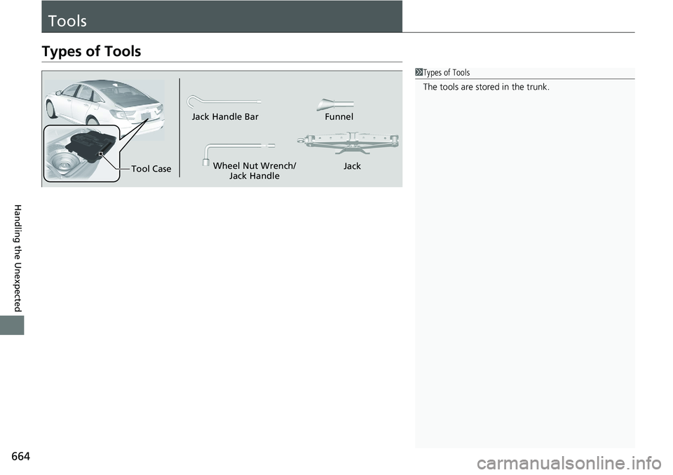 HONDA ACCORD HYBRID 2019 Owners Manual 664
Handling the Unexpected ToolsTypes of Tools 1 Types of Tools
The tools are stored in the trunk.
Wheel Nut Wrench/
Jack Handle FunnelJack Handle Bar
Tool Case Jack HONDA ACCORD HYBRID 2019 Owners Manual 664
Handling the Unexpected ToolsTypes of Tools 1 Types of Tools
The tools are stored in the trunk.
Wheel Nut Wrench/
Jack Handle FunnelJack Handle Bar
Tool Case Jack