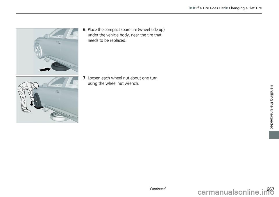 HONDA ACCORD HYBRID 2019 Owners Manual 667uu If a Tire Goes Flat u Changing a Flat Tire
Continued
Handling the Unexpected
6. Place the compact spare tire (wheel side up)
under the vehicle body, near the tire that
needs to be replaced.
7 HONDA ACCORD HYBRID 2019 Owners Manual 667uu If a Tire Goes Flat u Changing a Flat Tire
Continued
Handling the Unexpected
6. Place the compact spare tire (wheel side up)
under the vehicle body, near the tire that
needs to be replaced.
7