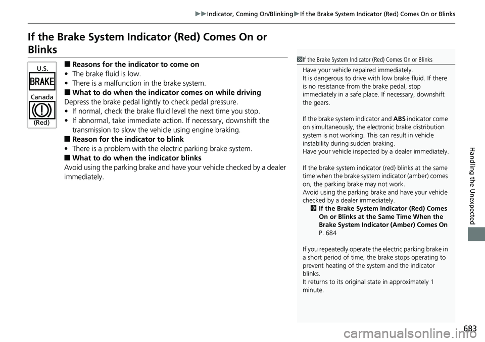 HONDA ACCORD HYBRID 2019 Owners Manual 683uu Indicator, Comi ng On/Blinking u If the Brake System Indicator (Red) Comes On or Blinks
Handling the Unexpected
If the Brake System Indicator (Red) Comes On or
Blinks â– Reasons for the indica HONDA ACCORD HYBRID 2019 Owners Manual 683uu Indicator, Comi ng On/Blinking u If the Brake System Indicator (Red) Comes On or Blinks
Handling the Unexpected
If the Brake System Indicator (Red) Comes On or
Blinks â– Reasons for the indica