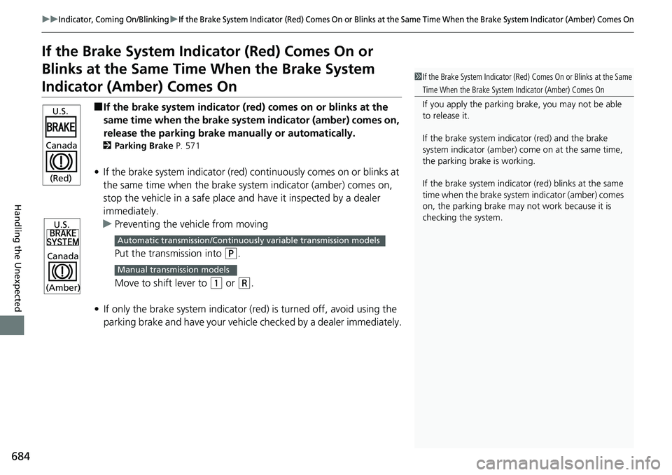 HONDA ACCORD HYBRID 2019 Owners Manual 684 uu Indicator, Coming On/Blinking u If the Brake System Indicator (Red) Comes On or Blinks at th e Same Time When the Brake System Indicator (Amber) Comes On
Handling the Unexpected If the Brake Sy HONDA ACCORD HYBRID 2019 Owners Manual 684 uu Indicator, Coming On/Blinking u If the Brake System Indicator (Red) Comes On or Blinks at th e Same Time When the Brake System Indicator (Amber) Comes On
Handling the Unexpected If the Brake Sy