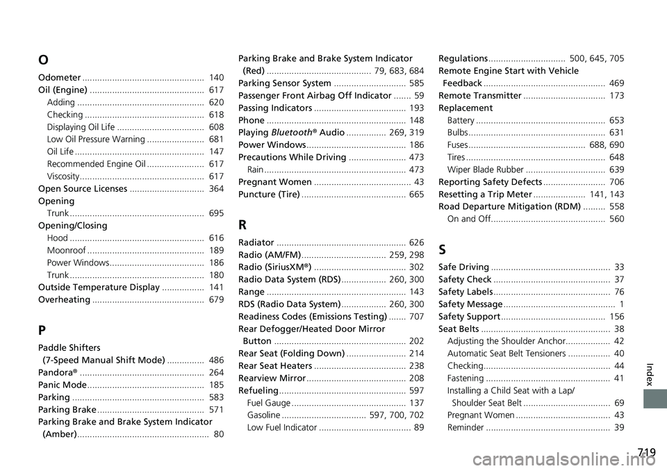 HONDA ACCORD HYBRID 2019  Owners Manual 719
Index
O Odometer .................................................  140
Oil (Engine) ..............................................  617
Adding ................................................... 