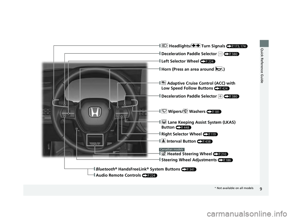 HONDA ACCORD HYBRID 2023  Owners Manual 9
Quick Reference Guide❚ Headlights/  Turn Signals (P173, 174)
❚Deceleration Paddle Selector (- (P380)
❚Left Selector Wheel (P224)
❚ Wipers/  Washers (P181)
❚ Lane Keeping Assist System (LKA