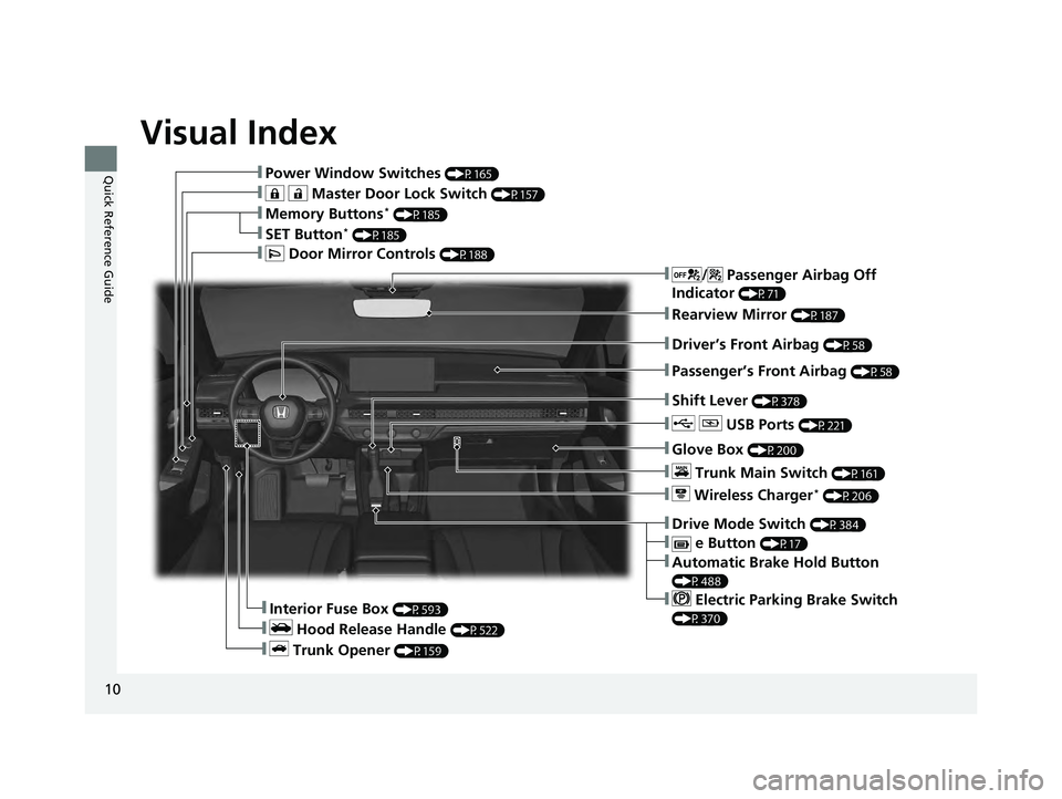 HONDA ACCORD HYBRID 2023  Owners Manual Visual Index
10
Quick Reference Guide❚Power Window Switches (P165)
❚   Master Door Lock Switch (P157)
❚Memory Buttons* (P185)
❚SET Button* (P185)
❚ Door Mirror Controls (P188)
❚/  Passenge