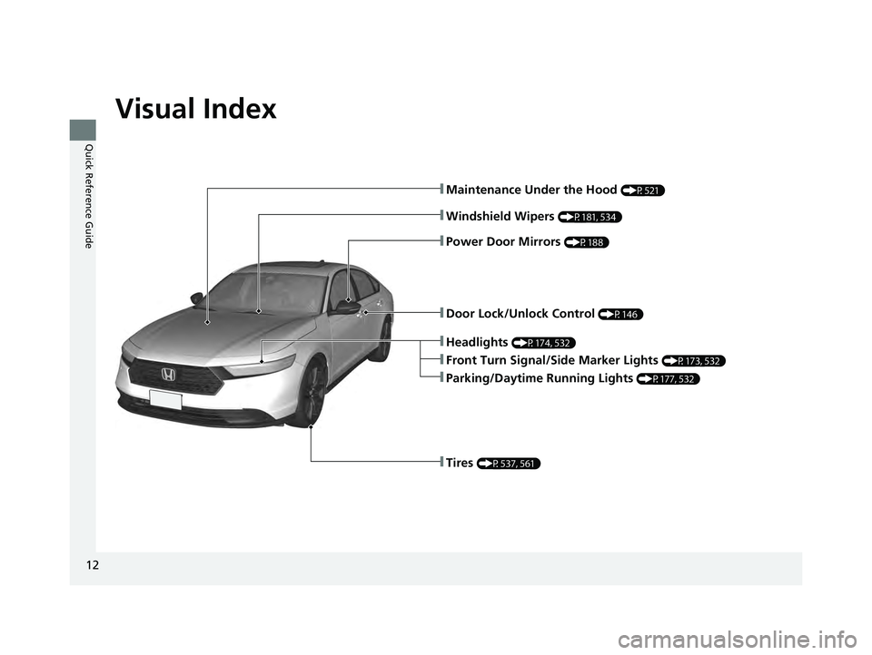 HONDA ACCORD HYBRID 2023 User Guide Visual Index
12
Quick Reference Guide
❚Maintenance Under the Hood (P521)
❚Windshield Wipers (P181, 534)
❚Door Lock/Unlock Control (P146)
❚Power Door Mirrors (P188)
❚Front Turn Signal/Side Ma HONDA ACCORD HYBRID 2023 User Guide Visual Index
12
Quick Reference Guide
❚Maintenance Under the Hood (P521)
❚Windshield Wipers (P181, 534)
❚Door Lock/Unlock Control (P146)
❚Power Door Mirrors (P188)
❚Front Turn Signal/Side Ma