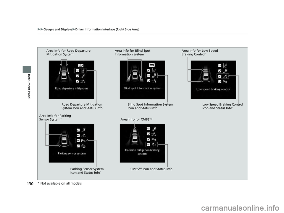 HONDA ACCORD HYBRID 2023 Owners Manual 130
uuGauges and Displays uDriver Information Interface (Right Side Area)
Instrument Panel
Area Info for Road Departure
Mitigation System
Road Departure Mitigation
System Icon and Status Info
Area I HONDA ACCORD HYBRID 2023 Owners Manual 130
uuGauges and Displays uDriver Information Interface (Right Side Area)
Instrument Panel
Area Info for Road Departure
Mitigation System
Road Departure Mitigation
System Icon and Status Info
Area I