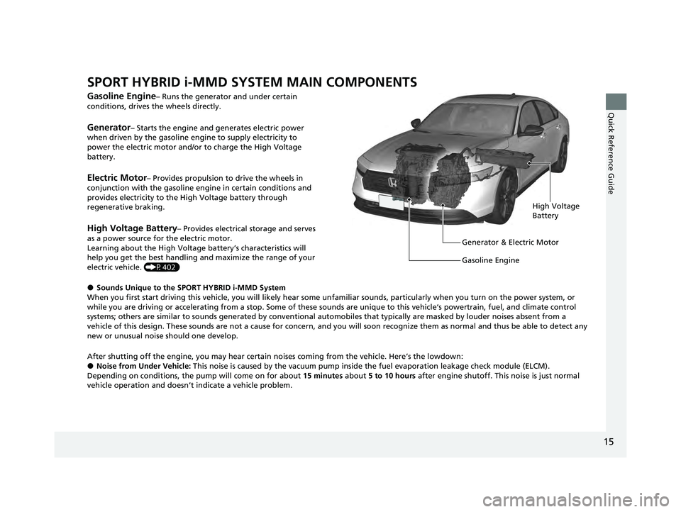 HONDA ACCORD HYBRID 2023 User Guide 15
Quick Reference Guide
SPORT HYBRID i-MMD SYSTEM MAIN COMPONENTS
Gasoline Engine– Runs the generator and under certain
conditions, drives the wheels directly.
Generator– Starts the engine and g HONDA ACCORD HYBRID 2023 User Guide 15
Quick Reference Guide
SPORT HYBRID i-MMD SYSTEM MAIN COMPONENTS
Gasoline Engine– Runs the generator and under certain
conditions, drives the wheels directly.
Generator– Starts the engine and g