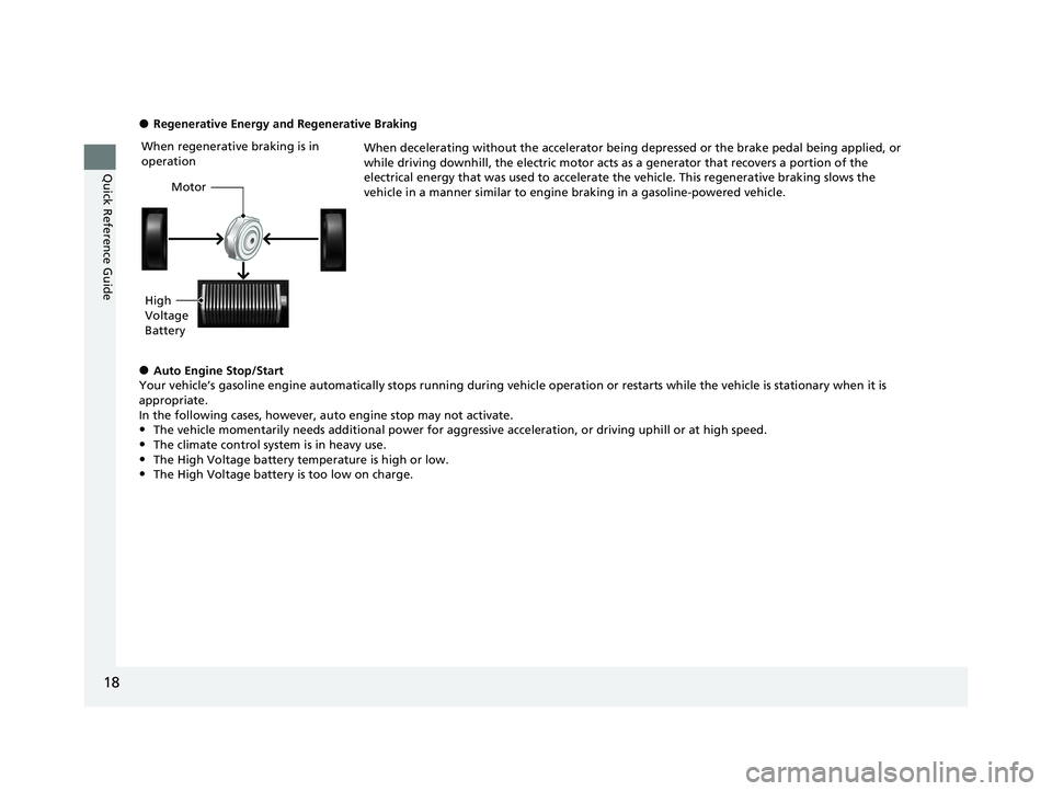 HONDA ACCORD HYBRID 2023 User Guide 18
Quick Reference Guide
●Regenerative Energy and Regenerative BrakingWhen decelerating without the accelerator being depressed or the brake pedal being applied, or
while driving downhill, the elec HONDA ACCORD HYBRID 2023 User Guide 18
Quick Reference Guide
●Regenerative Energy and Regenerative BrakingWhen decelerating without the accelerator being depressed or the brake pedal being applied, or
while driving downhill, the elec