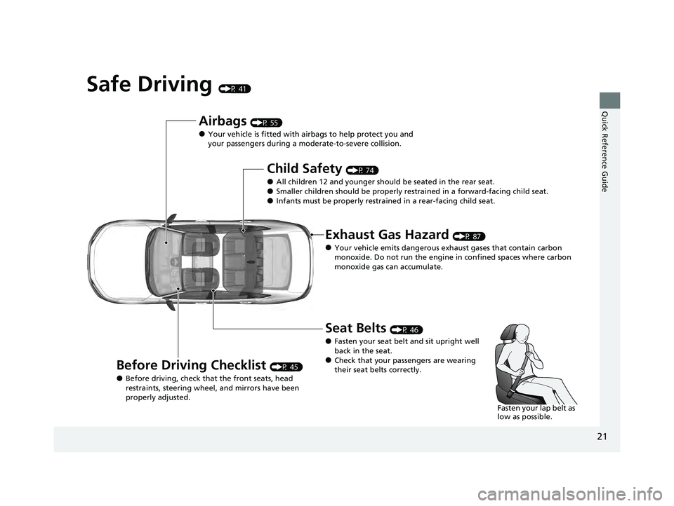 HONDA ACCORD HYBRID 2023  Owners Manual 21
Quick Reference Guide
Safe Driving (P 41)
Airbags (P 55)
●Your vehicle is fitted with airbags to help protect you and 
your passengers during a moderate-to-severe collision.
Child Safety (P 74)
�