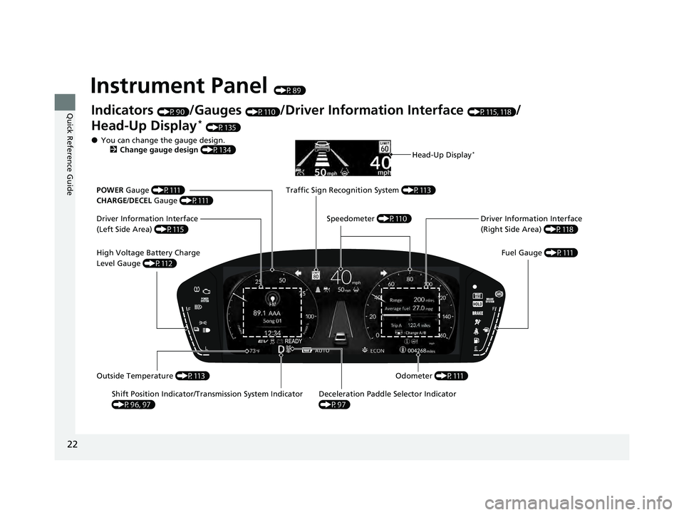 HONDA ACCORD HYBRID 2023 Owners Manual 22
Quick Reference Guide
Instrument Panel (P89)
Indicators (P90)/Gauges (P110)/Driver Information Interface (P115, 118)/
Head-Up Display
* (P135)
Shift Position Indicator/Tr ansmission System Indicato HONDA ACCORD HYBRID 2023 Owners Manual 22
Quick Reference Guide
Instrument Panel (P89)
Indicators (P90)/Gauges (P110)/Driver Information Interface (P115, 118)/
Head-Up Display
* (P135)
Shift Position Indicator/Tr ansmission System Indicato