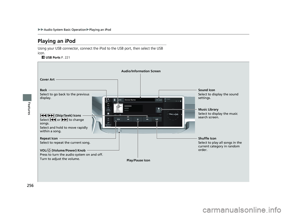 HONDA ACCORD HYBRID 2023  Owners Manual 256
uuAudio System Basic Operation uPlaying an iPod
Features
Playing an iPod
Using your USB connector, connect the iPod  to the USB port, then select the USB 
icon.
2 USB Ports P. 221
Back
Select to g