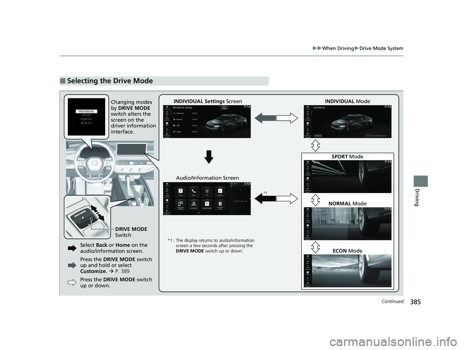 HONDA ACCORD HYBRID 2023  Owners Manual 385
uuWhen Driving uDrive Mode System
Continued
Driving
■Selecting the Drive Mode
Changing modes 
by  DRIVE MODE  
switch alters the 
screen on the 
driver information 
interface.
DRIVE MODE  
Switc